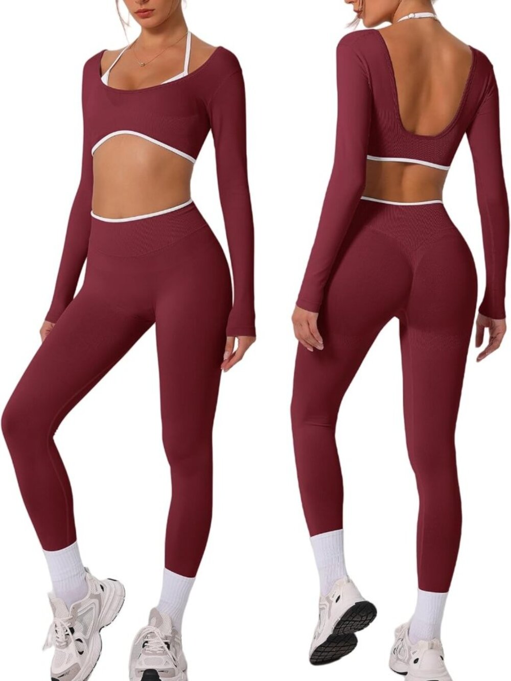Stylish Women's Workout Set: Long Sleeve Crop Top & Anti-Squat Yoga Pants